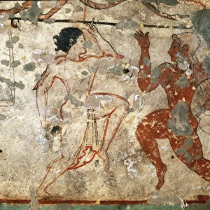 Ritual dance, young woman wearing a transparent tunic and young man naked