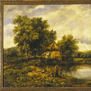 A River Landscape with an Angler by a Mill (oil on canvas)