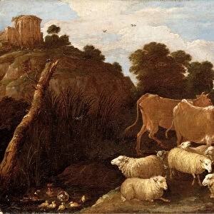 A river landscape with a herdsman playing a pipe with classical ruins on a hilltop beyond