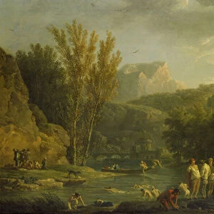River Scene with Bathers, 18th century (oil on canvas)