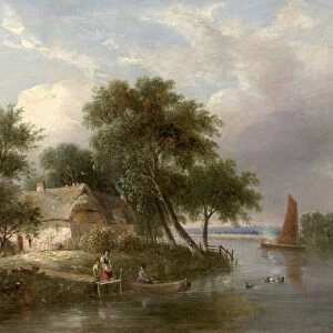 River Scene (Cottage and Trees) (oil on wood)