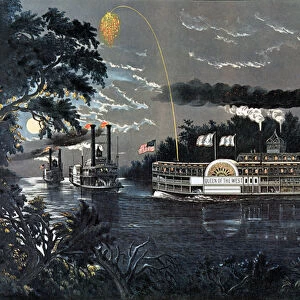 RL 27835 Rounding a Bend on the Mississippi Steamboat Queen of the West (litho)