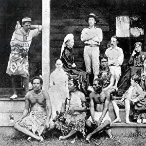 Robert Louis Stevenson with family, in front of the house at Vailima (b / w photo)