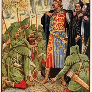 Robin Hood and his men kneel to the King