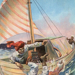 Robinson Crusoe: I toss the Moor overboard (colour litho)