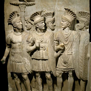 Roman art: marble relief representing the pretorian guard, legionaries and elite soldiers