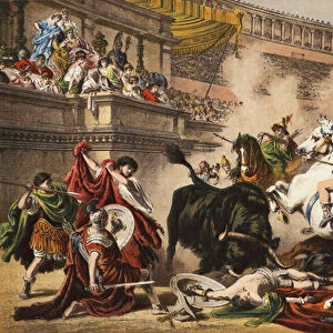 A Roman Bull Fight (colour litho)