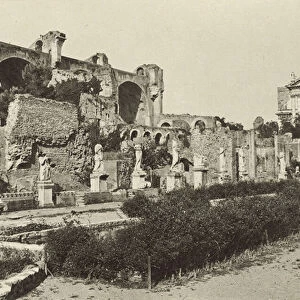 Roman Forum, Basilica of Constantine, Temple of Romulus and House of the Vestal Virgins (b / w photo)