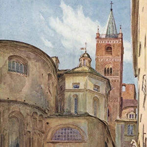 Romanesque church, Albenga, Italy (colour litho)