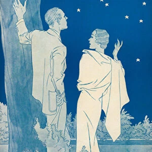 Romantic Couple Looking at a Crescent Moon, 1935 (colour litho)