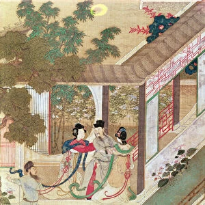 A romantic meeting, illustration from a traditional Chinese novel (w / c on paper)