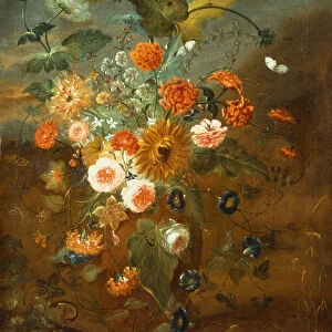Roses, Carnations, Sunflowers in a Vase with Butterflies, Frogs, Insects (oil on canvas)