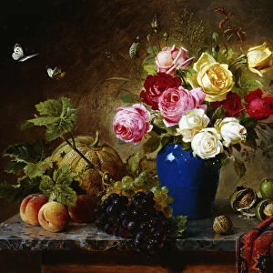 Roses in a Vase, Peaches, Nuts and a Melon on a Marbled Ledge, 1891 (oil on canvas)