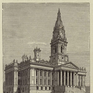 The Royal Visit to Bolton, Exterior of the New Town Hall (engraving)