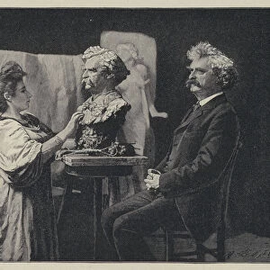 Russian-born Austrian sculptor Teresa Feodorovna Ries working on a bust of the American author Mark Twain (engraving)