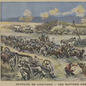 Russian troops retreating after the Battle of Liaoyang, Russo-Japanese War (colour litho)