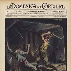A rustic duel in the depths of a coal mine took place in Saint Etienne (colour litho)