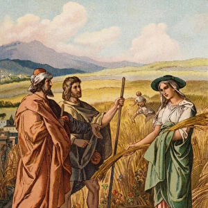 Ruth asking Boaz if she can glean in his field (chromolitho)