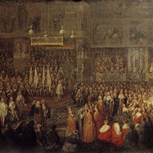 Sacre of Louis XV (1710-1774) in the Cathedrale of Reims on 25 / 10 / 1722 Painting by Jean