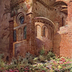 Sacro Speco with Roseto, apse of the lowermost chapel, Subiaco (colour litho)