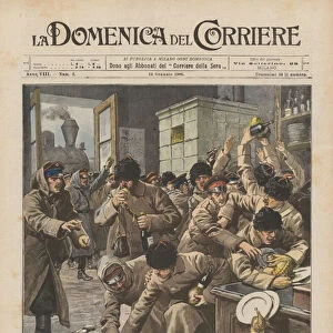 Sad return home, Russian soldiers veterans from Manchuria starving the restaurants of the stations (colour litho)