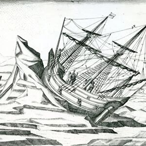 Sailing ship stranded on Iceberg, Illustration from India Orientalis 1598