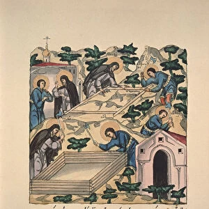 Saint Barthelemy (Saint Serge de Radonege ou Sergii Radonezhsky ou Sergey Radonezhsky ou Sergius de Radonezh, vers 1313-1392) et son frere Saint Etienne construisant l eglise en l