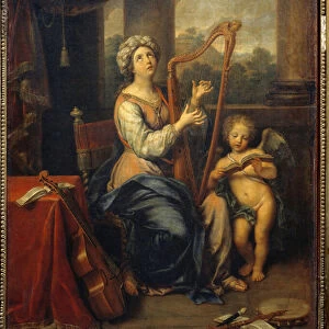 Saint Cecile singing the praises of the Lord The saint plays the harp