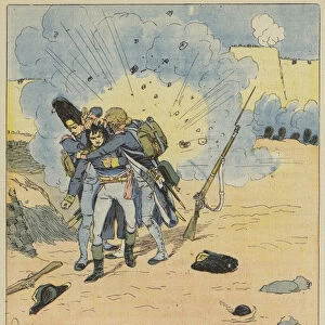 A Saint-Jean-d Acre les grenadiers Daumesnil et Souchon couvrent Bonaparte de leur corps pour... (colour litho)