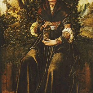 Saint Mary Magdalen seated on a Grassy Verge in a Mountainous Landscape, (oil on panel)