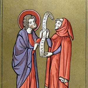 Saint Paul receiving his mission from Christ - from 13th century document