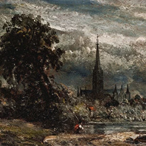 Salisbury Cathedral from Long Bridge near Fisherton Mill (oil on canvas)