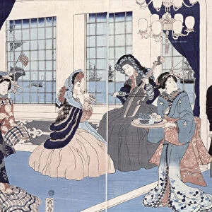 The salon of a house of foreign merchants at Yokohama, 1861 (colour woodblock print)