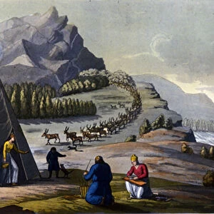 Sami landscape: indigenous people living in the lands of the northern countries (Norway, Finland, Sweden and Russia) making wicker baskets, cleaning the fish near a tent. in "The old and modern costume"by Ferrario, ed