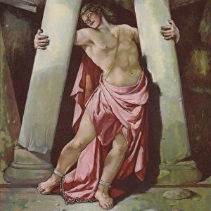 Samson breaking the Pillars (colour litho)