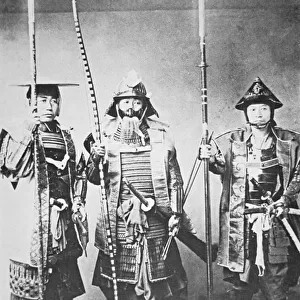 Samurai of Old Japan armed with long bow, pole arms and swords (b / w photo)
