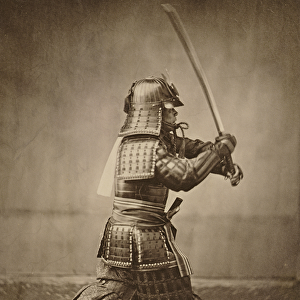 Samurai with raised sword, c. 1860 (albumen print)