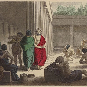 Scene in a gymnasium in Ancient Greece (coloured engraving)