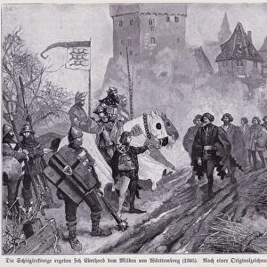 The Schleglerbund surrendering to Count Eberhard III of Wurttemberg after he defeated them in battle near Heimsheim, 1395 (engraving)