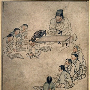 A school class. Painting by Danwon (Kim Hongdo) (1745-1806), ink on paper, Coreen art, period Joseon (Choson) 18th century. National Museum of Korea, Seoul (South Korea)