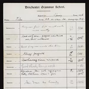 School report of a pupil of Dorchester Grammar School, Dorset, 1926 (litho)