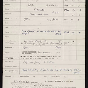 School report of a pupil of Kings College School, Wimbledon Common, London, 1914 (litho)