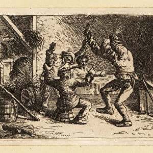Scottish peasants dancing in a rustic tavern, 18th century. 1803 (engraving)