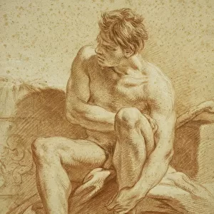 A Seated Nude with a Staff, a Relief with Putti to the Left, 1738 (red chalk and wash