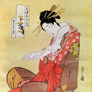 Seated Woman Reading (colour woodblock print)