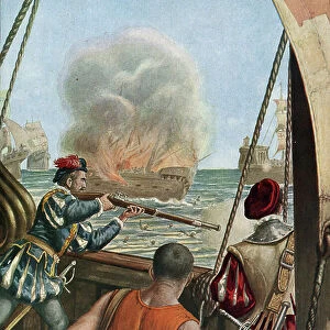 Second expedition to India (1502-1503) " Naval battle between the Portuguese fleet of Vasco de Gama and that of Calicut, the Portuguese fire the Muslim ship Miri charge pelerins returning from Mecca