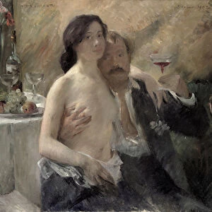 Self portrait with his wife and a sekt glass, 1902 (oil on canvas)