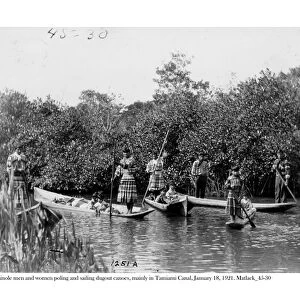 Seminole men and women poling and sailing dugout canoes on Tamiami Canal, 18 January