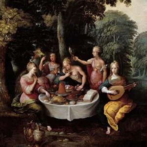 The five senses young women in a landscape with banquet (taste), music (hear)
