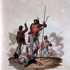 A Sergeant and Privates of the 87th, or Prince of Waless Own Irish Regiment on Service, from Costumes of the Army of the British Empire, according to the last regulations 1812, engraved by J. C. Stadler, published by Colnaghi & Co